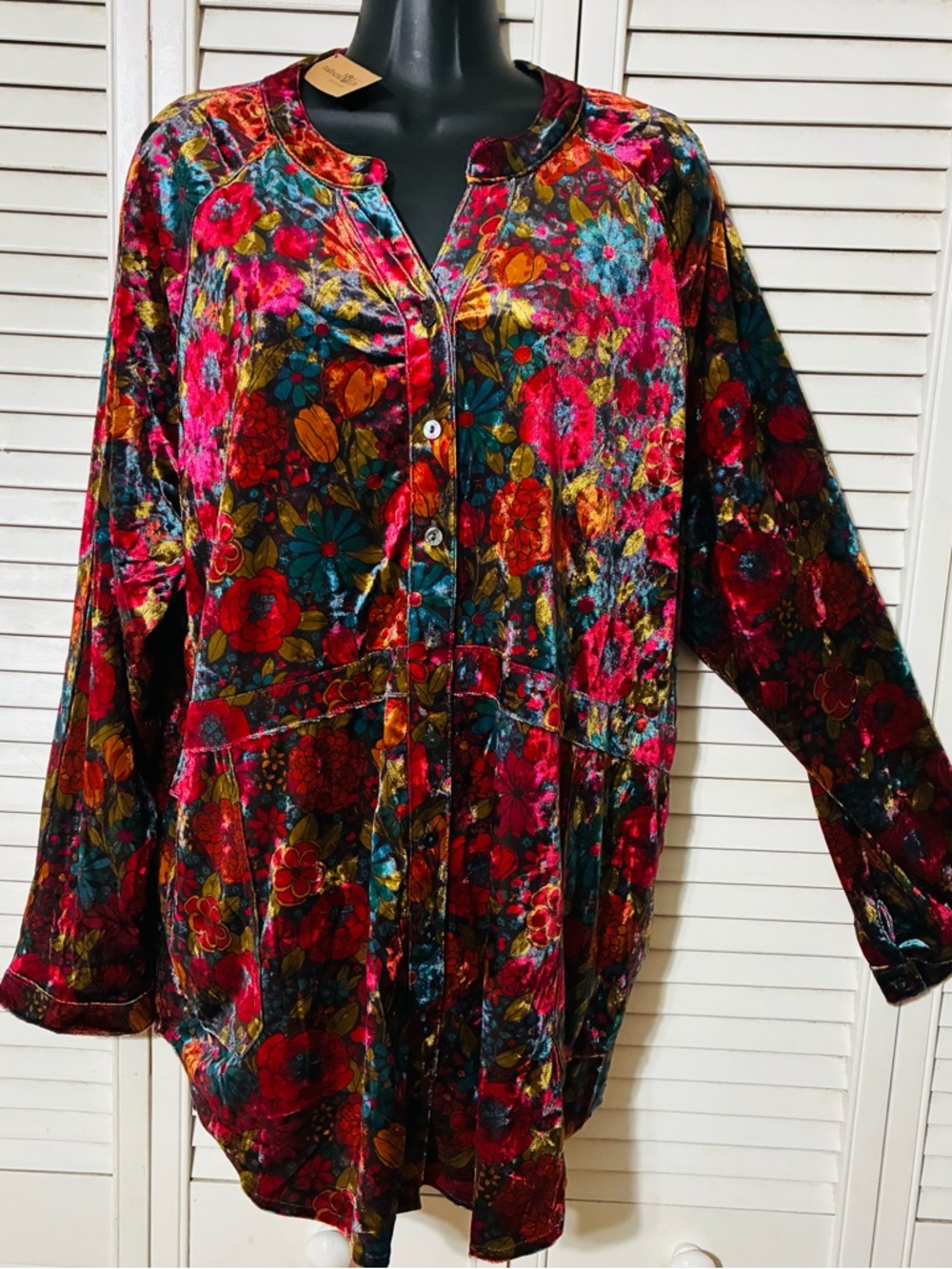 Natural Life Floral Velvet look Button-Front Women’s oversized Top - multi color